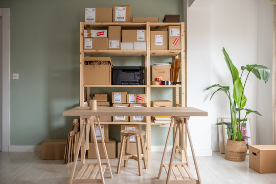Modern delivery service room interior with boxes