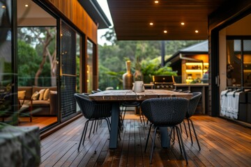 Fototapeta na wymiar Outdoor Dining Set on Wooden Deck