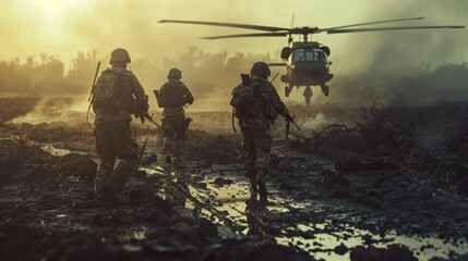Soldiers Walking Towards Helicopter - obrazy, fototapety, plakaty