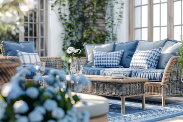 Fototapeta na wymiar Elegant Living Room With Wicker Furniture and Blue Rug