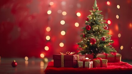 Fototapeta na wymiar Small Christmas Tree on Red Blanket