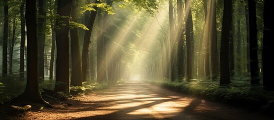 The summer sun shines brightly through the dense trees lining the forest road, casting long shadows and creating a captivating play of light and shadow.