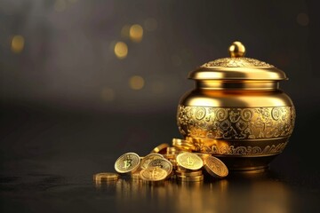 Luxurious Gold Pot and Coins on Table