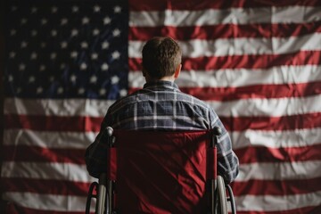 Man in Wheelchair Standing Before American Flag