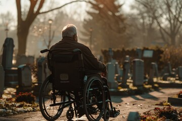 Man in Wheelchair in Cemetery.