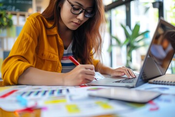 Woman Working on Laptop at Table