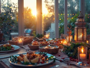 An intimate family iftar dinner at home, featuring a spread of traditional dishes, the table beautifully decorated with candles and lanterns, with a warm, golden sunset coming through the window.