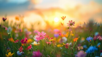 Vibrant Flowers in Sunlit Field