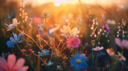 Colorful Flowers Blooming in Grass - obrazy, fototapety, plakaty