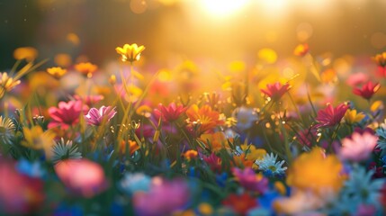 Obraz na płótnie Canvas Colorful Flowers Field at Sunset