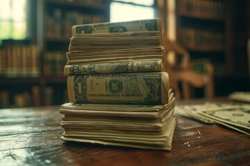 Stack of Money on Wooden Table - obrazy, fototapety, plakaty