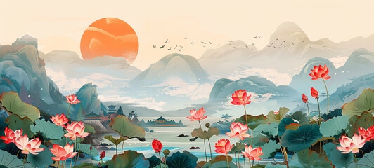 Lotus pond scenery illustration, national style poster, concept illustration of lotus pond for Beginning of Summer solar term - obrazy, fototapety, plakaty