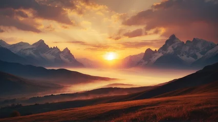 Foto op Canvas Capture the breathtaking moment as the sun sets behind the distant mountains, colors of the sky and the sense of peace © Damian Sobczyk