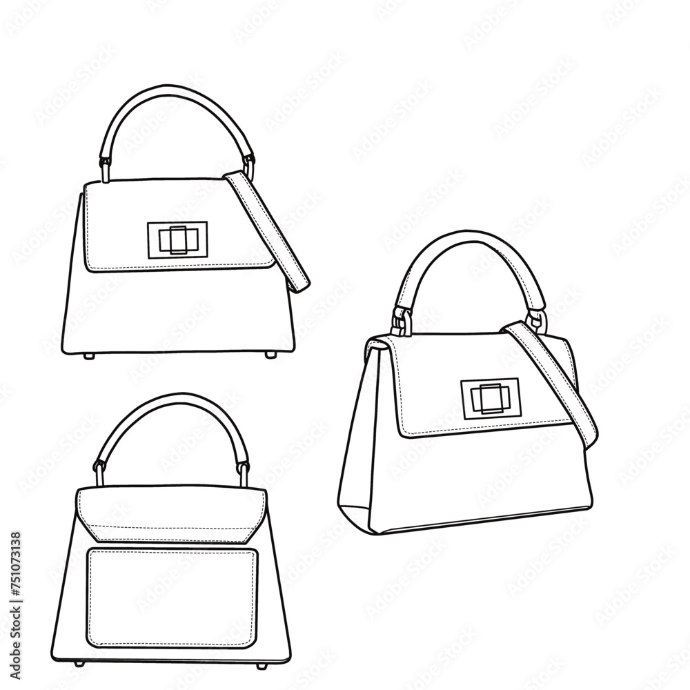 Poster Women's sling bag. Top handle bag flat sketch fashion illustration drawing template mock-up. Front, back, and side view.