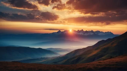 Foto op Canvas Capture the breathtaking moment as the sun sets behind the distant mountains, colors of the sky and the sense of peace © Damian Sobczyk