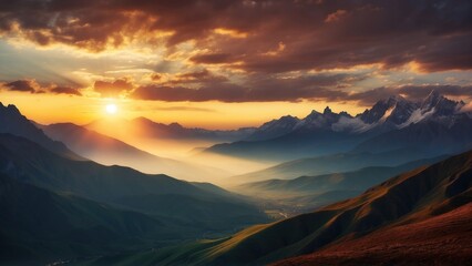 Capture the breathtaking moment as the sun sets behind the distant mountains, colors of the sky and...