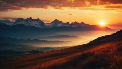 Obraz premium Capture the breathtaking moment as the sun sets behind the distant mountains, colors of the sky and the sense of peace