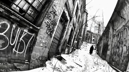 Distorted wide-angle shot of a person walking through a graffiti-covered snowy alley.