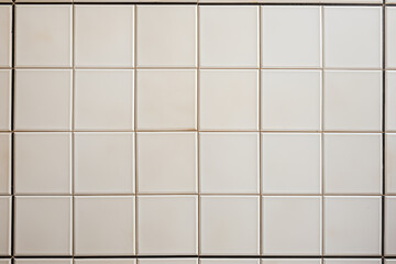 Close-up details, a square tiled wall with a grid pattern in monochrome hues, showcasing symmetry and parallel lines. Wall of small tiles.
