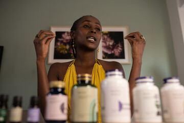 Female consultant telling about dietary supplements