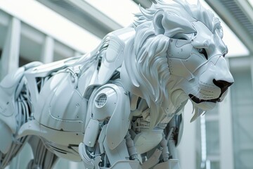 Futuristic lion robot, mechanical robot. Generative AI.