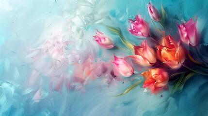 spring banner, background for cards from tulips made in painting style - obrazy, fototapety, plakaty