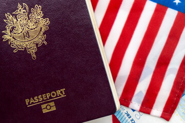 Fototapeta premium France passports on Euro currency and U.S. flag