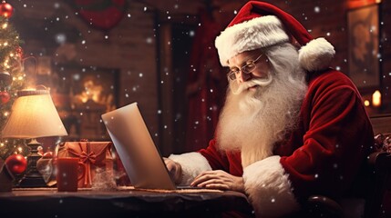 Happy old Santa Claus using laptop computer at home late on Christmas eve. Ecommerce website Boxing...