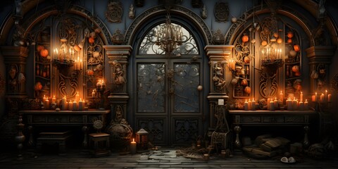 3d illustration of a fantasy room with a fireplace and christmas decorations