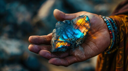 A shamans hand holds a piece of labradorite its multicolored flashes gleaming in the light. The crystal seems to hold an otherworldly energy as if inviting the shaman to explore - obrazy, fototapety, plakaty