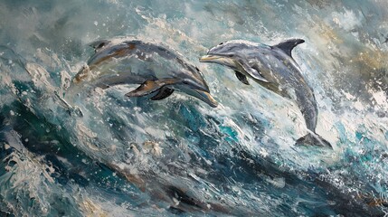 A pair of playful dolphins racing through the waves, their sleek bodies glistening in the sunlight.