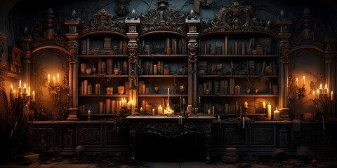 3d rendering of an old library with bookshelves and candles