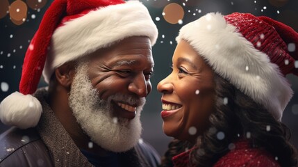 Senior African American couple smiling and wearing Santa hats, looking at camera. Family time...