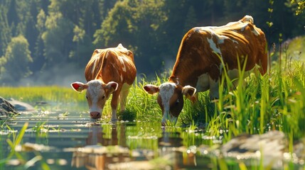 Cows drinking water from the river on a beautiful summer day. Farm animals graze on the farmland. AI Generated