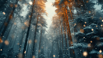 Low angle winter forest landscape blurry background with snow trees. generative ai