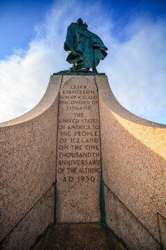 Leifr Eiricsson statue, or Leif Eiricsson Memorial and the inscription in its pedestal. Central Reykjavik, Iceland.