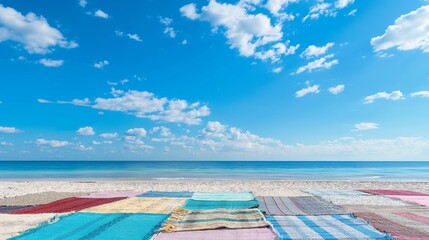 A patchwork of colorful beach towels on the sand, set against the vastness of the open sea and the clear, cloud-kissed sky.