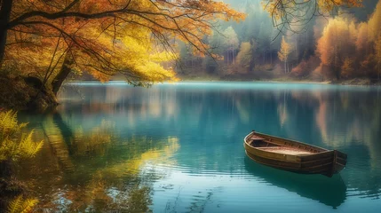 Foto auf Acrylglas A peaceful lake surrounded by trees in their autumn colors, with a rowboat drifting lazily on the calm water, creating a serene autumn scene. © The Image Studio