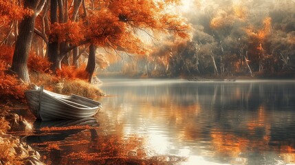 A peaceful lake surrounded by trees in their autumn colors, with a rowboat drifting lazily on the...
