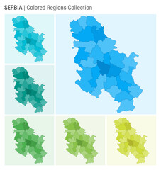 Serbia map collection. Country shape with colored regions. Light Blue, Cyan, Teal, Green, Light Green, Lime color palettes. Border of Serbia with provinces for your infographic. Vector illustration.