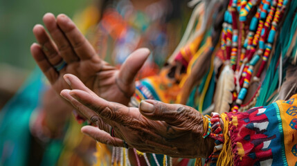 A detailed view of the shamans hands fingers slightly curled as they manipulate the energy around them during the dance.