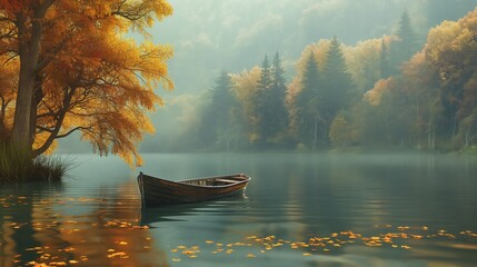 A peaceful lake surrounded by trees in their autumn colors, with a rowboat drifting lazily on the...
