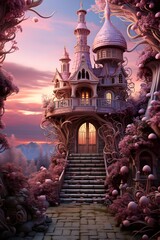 Fantasy landscape with fantasy castle and stairs. 3d render illustration