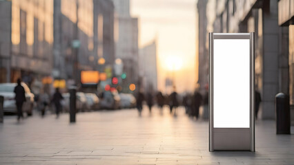 Banner pylon on the sidewalk mockup. Billboard in the city center mock up. White signboard or lightbox on roadside for outdoor advertising placement. Blurred background, focus on foreground. - obrazy, fototapety, plakaty