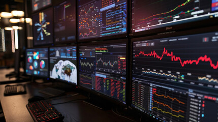 A closeup shot of a data analysts desktop with multiple screens each displaying different data sets and forecasts related to epidemic spread. - obrazy, fototapety, plakaty