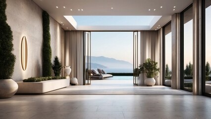 Describe the grand entrance of your modern villa, with sleek Italian design, a dramatic foyer, and an immediate view that takes your breath away - obrazy, fototapety, plakaty