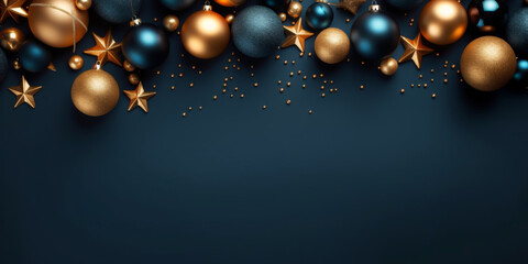 a christmas ornaments background with blue and gold star ,glass balls decorations on a dark blue background, banner, empty space for text.banner