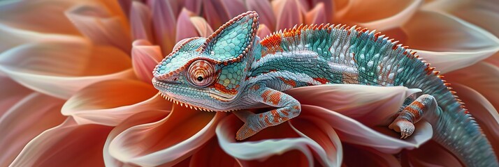 A captivating close-up of a chameleon perched delicately on a vibrant flower, showcasing nature's mesmerizing beauty - obrazy, fototapety, plakaty
