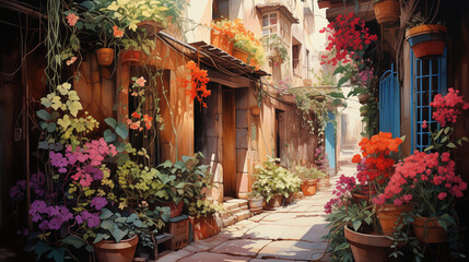 Fototapeta na wymiar In the watercolor painting, a cozy European alley at dusk exudes romance with glowing street lamps and lush greenery.