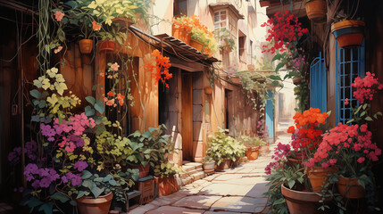 In the watercolor painting, a cozy European alley at dusk exudes romance with glowing street lamps and lush greenery.